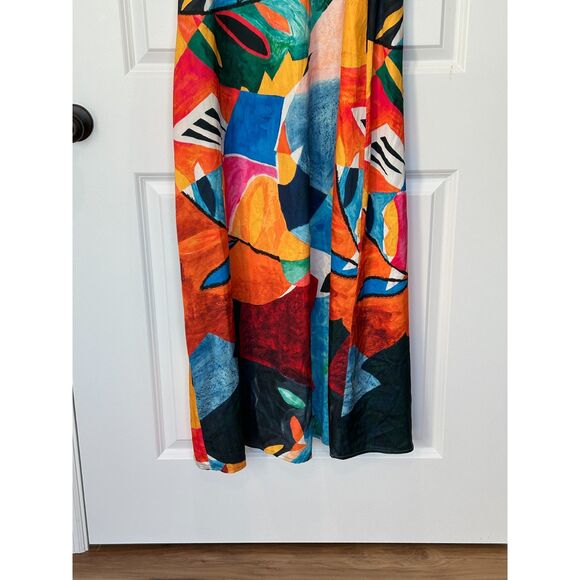 Nicole Miller Watercolor Abstract Satin High Neck Maxi Dress Size Small - Picture 6 of 8